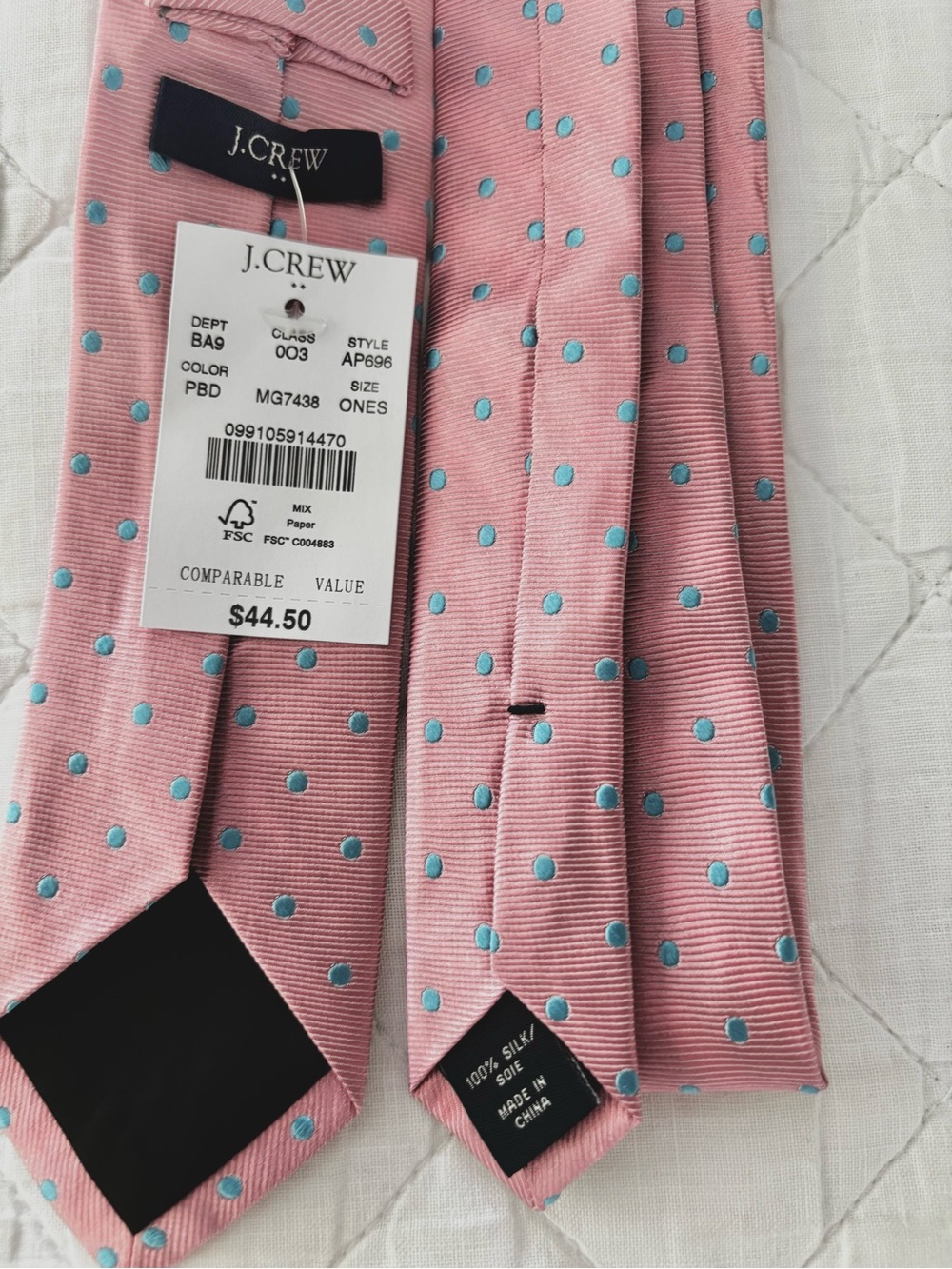 J. Crew Pink Silk Tie with Light Blue Polka Dots
